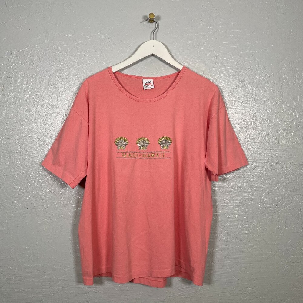Vintage Anvil Maui Hawaii Women XL Coral Pink Single Stitch Sea Shell Shirt